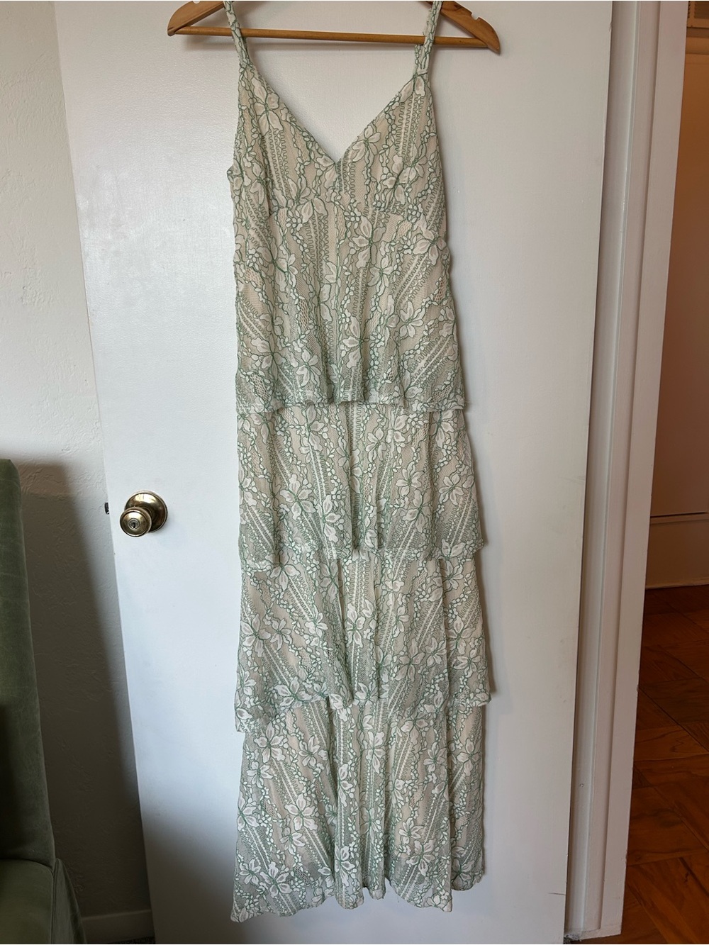 Sugarlips Cream Dress with Green Lace Detail